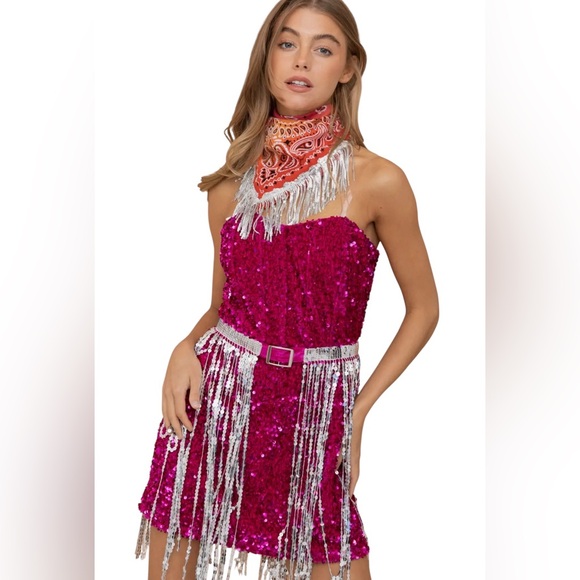 blue b Dresses & Skirts - NEW blue b Magenta Velvet Allover Sequin Silver Fringe Bodycon Belted Mini Dress